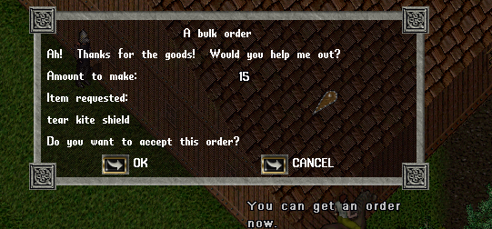 An NPC offering a Bulk Order Deed.